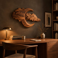 Carved crescent moon wall art with a bank of layered scalloped clouds above a desk in a dark study corner