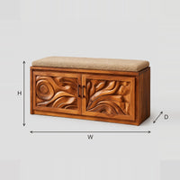 Carved Door Shoe Bench With Padded Seat And Swirl Relief dimension diagram with width, height and depth