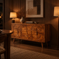 Mid century sideboard with three carved faces and four tapered legs in an evening dining room with walnut wall paneling