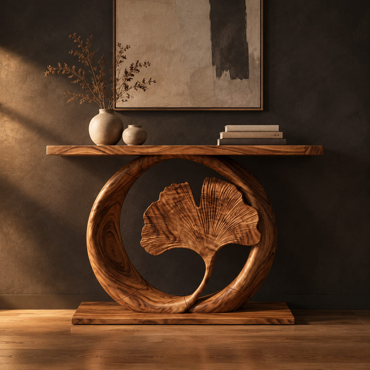Console table with a carved fan leaf inside a circular frame in a dark studio against a charcoal plaster wall