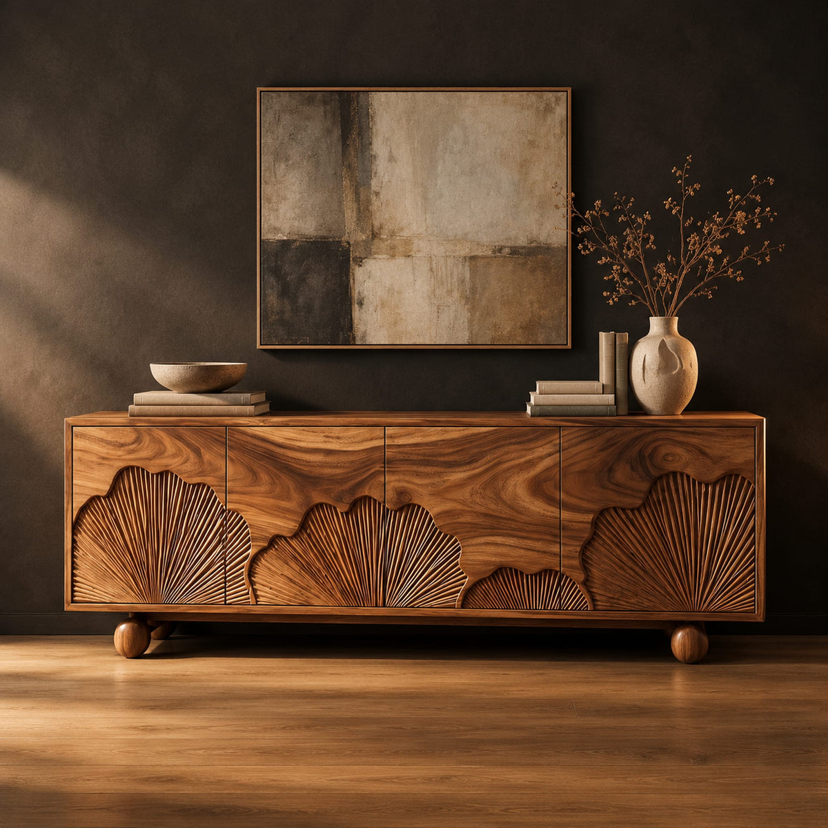 Sideboard with carved fan motifs across four panels and ball feet in a dark studio against a charcoal plaster wall