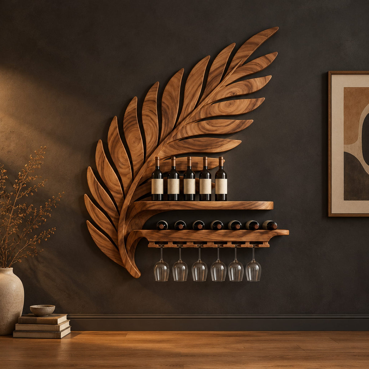 Carved leaf shaped wine rack with a long shelf and a rail for stemware in a dark studio against a charcoal plaster wall