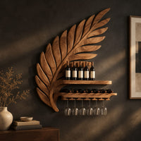 Carved leaf shaped wine rack with a long shelf and a rail for stemware, three-quarter view showing the grain