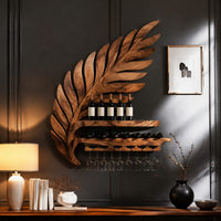 Carved leaf shaped wine rack with a long shelf and a rail for stemware in a dark dining room at golden hour