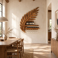 Carved leaf shaped wine rack with a long shelf and a rail for stemware in a bright open plan dining room