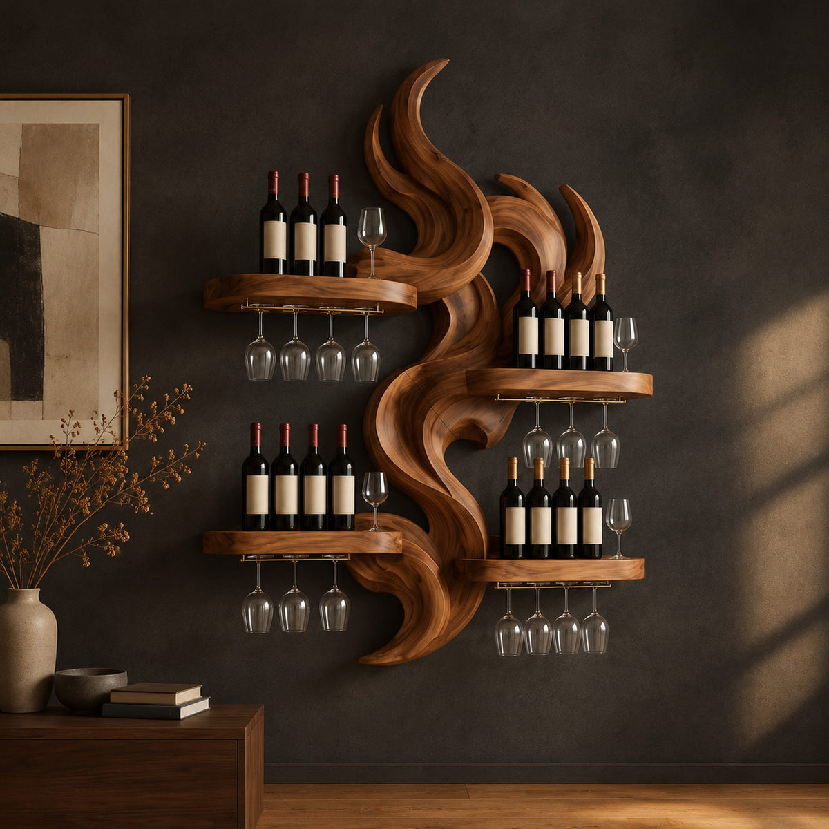 Carved wood flame wine rack with four wide shelves reaching out from the center in a dark studio against a charcoal plaster wall