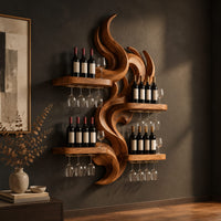 Carved wood flame wine rack with four wide shelves reaching out from the center, three-quarter view showing the grain