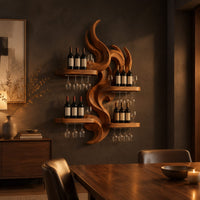 Carved wood flame wine rack with four wide shelves reaching out from the center in a dark dining room at golden hour