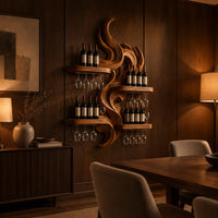 Carved wood flame wine rack with four wide shelves reaching out from the center in an evening dining room with walnut wall paneling