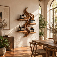 Carved wood flame wine rack with four wide shelves reaching out from the center in a bright dining room with arched windows and plants