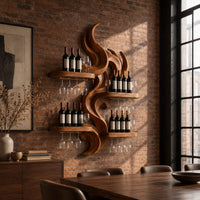 Carved wood flame wine rack with four wide shelves reaching out from the center in an industrial loft dining room with exposed brick