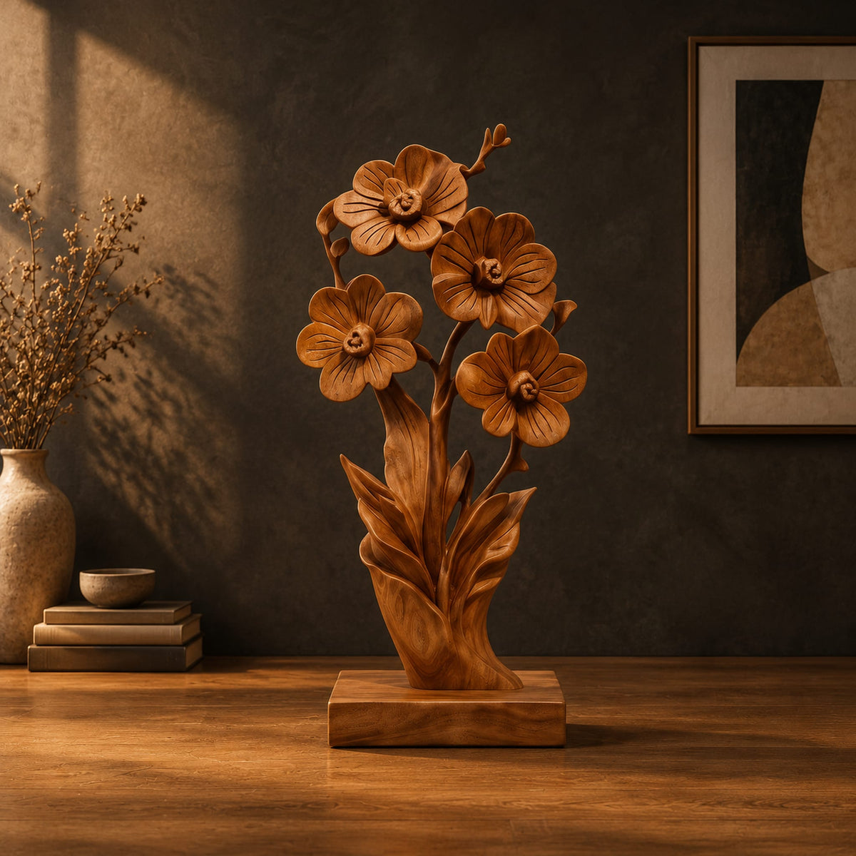 Carved wood flower sculpture with open blossoms and leaves on a block base in a dark studio against a charcoal plaster wall