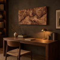 Wide wood relief wall art carved with flowing contour ridges above a desk in a dark study corner