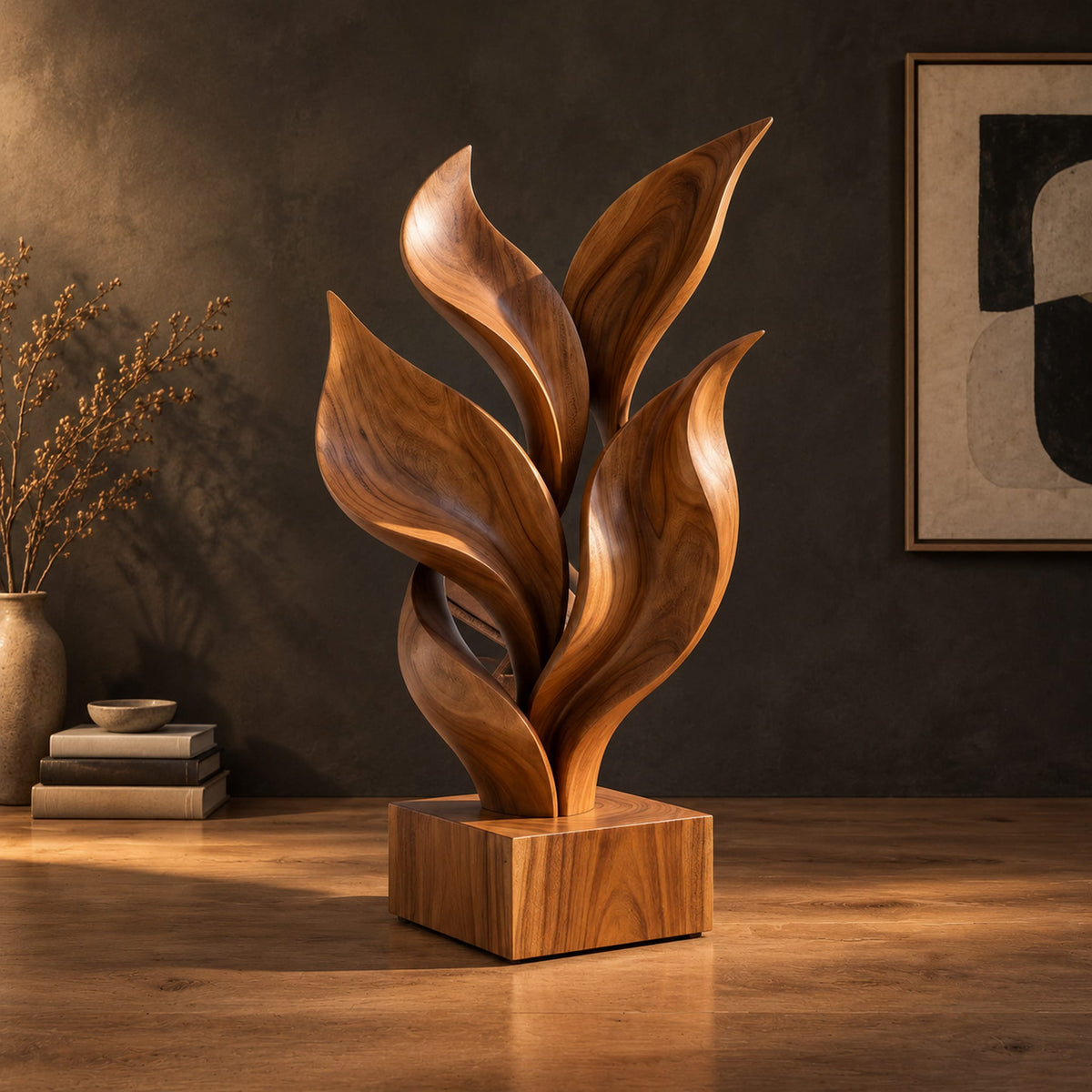 Sculpture of smooth carved leaves rising from a square block base in a dark studio against a charcoal plaster wall