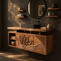 Bathroom vanity cabinet with a carved leaf pattern and a raised live edge top, three-quarter view showing the grain