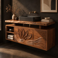 Corner detail of bathroom vanity cabinet with a carved leaf pattern and a raised live edge top beside wood, brass and linen samples