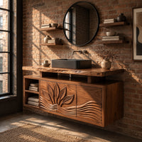 Bathroom vanity cabinet with a carved leaf pattern and a raised live edge top in an industrial loft bathroom with exposed brick