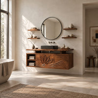 Bathroom vanity cabinet with a carved leaf pattern and a raised live edge top in a bright open plan bathroom
