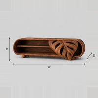 Carved Leaf TV Stand With Open Capsule Shelves And Ball Feet dimension diagram with width, height and depth