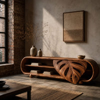 Capsule shaped tv stand with open shelves and a carved leaf panel in an industrial loft living room with exposed brick