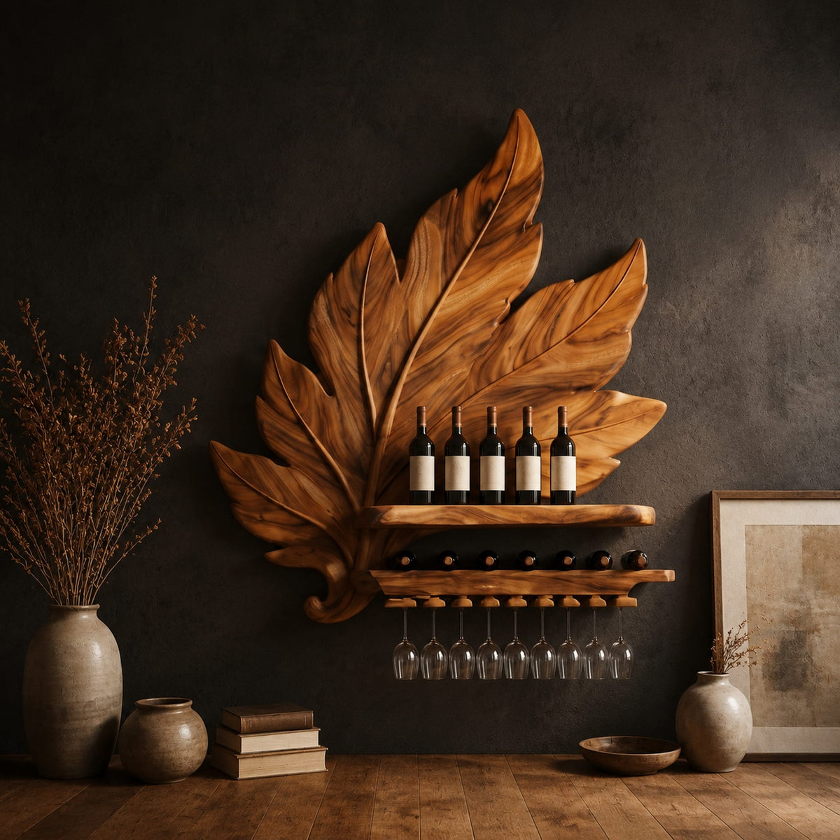 Carved leaf wine rack with a bottle ledge and glass hangers in a dark studio against a charcoal plaster wall