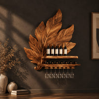Carved leaf wine rack with a bottle ledge and glass hangers, three-quarter view showing the grain