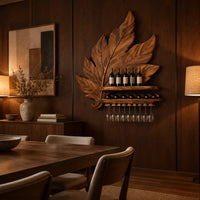 Carved leaf wine rack with a bottle ledge and glass hangers in an evening dining room with walnut wall paneling