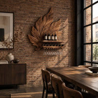 Carved leaf wine rack with a bottle ledge and glass hangers in an industrial loft dining room with exposed brick