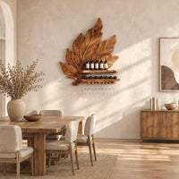 Carved leaf wine rack with a bottle ledge and glass hangers in a bright open plan dining room