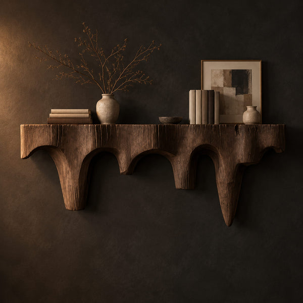Carved Mantel Shelf With Tapered Drip Arches, Rough Hewn Face