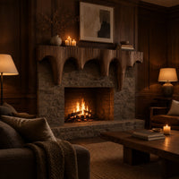 Mantel shelf with tapered drip arches and a rough grooved face in an evening living room with walnut wall paneling