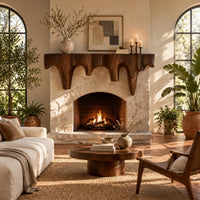 Mantel shelf with tapered drip arches and a rough grooved face in a bright living room with arched windows and plants