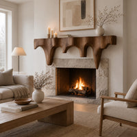 Mantel shelf with tapered drip arches and a rough grooved face in a Scandinavian living room with white walls