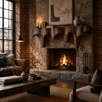 Mantel shelf with tapered drip arches and a rough grooved face in an industrial loft living room with exposed brick