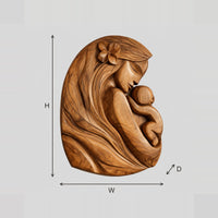 Carved Mother Holding Child Wall Art With Flowing Hair dimension diagram with width and height