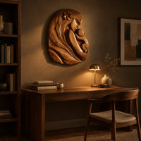 Wall art carved as a mother holding her child, with long flowing hair above a desk in a dark study corner