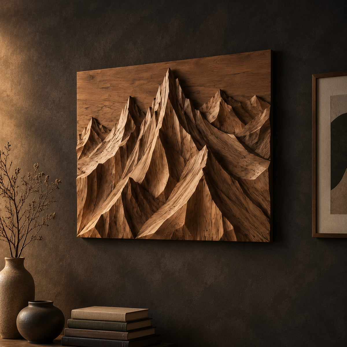 Wood wall art with carved mountain peaks in deep relief on a dark charcoal plaster wall