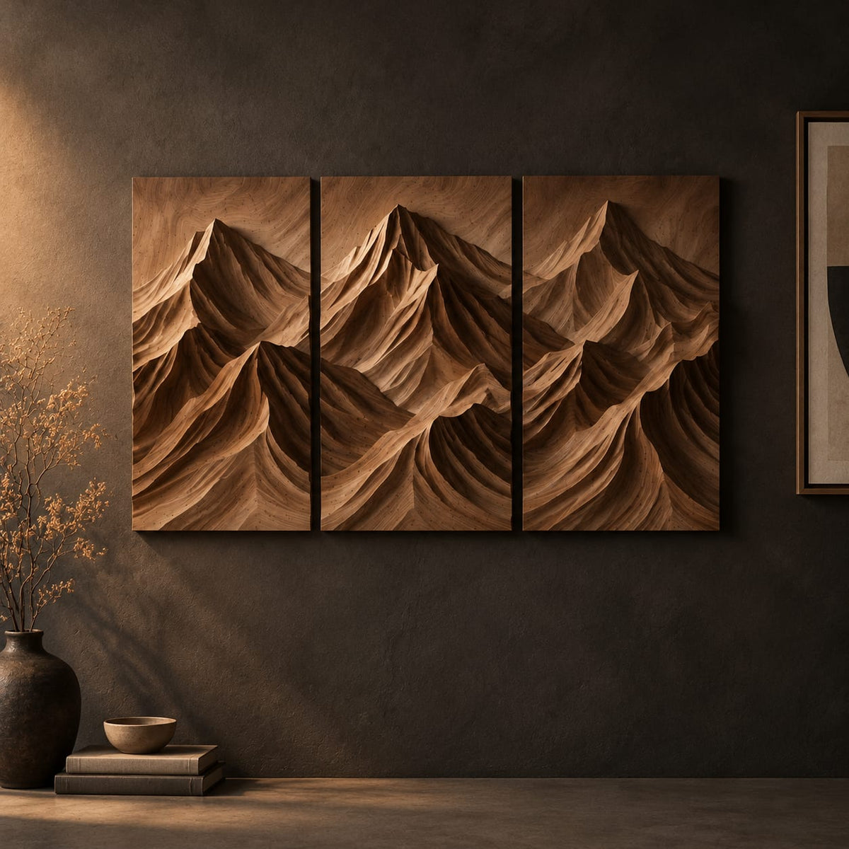 Carved mountain range wall art across three panels on a dark charcoal plaster wall