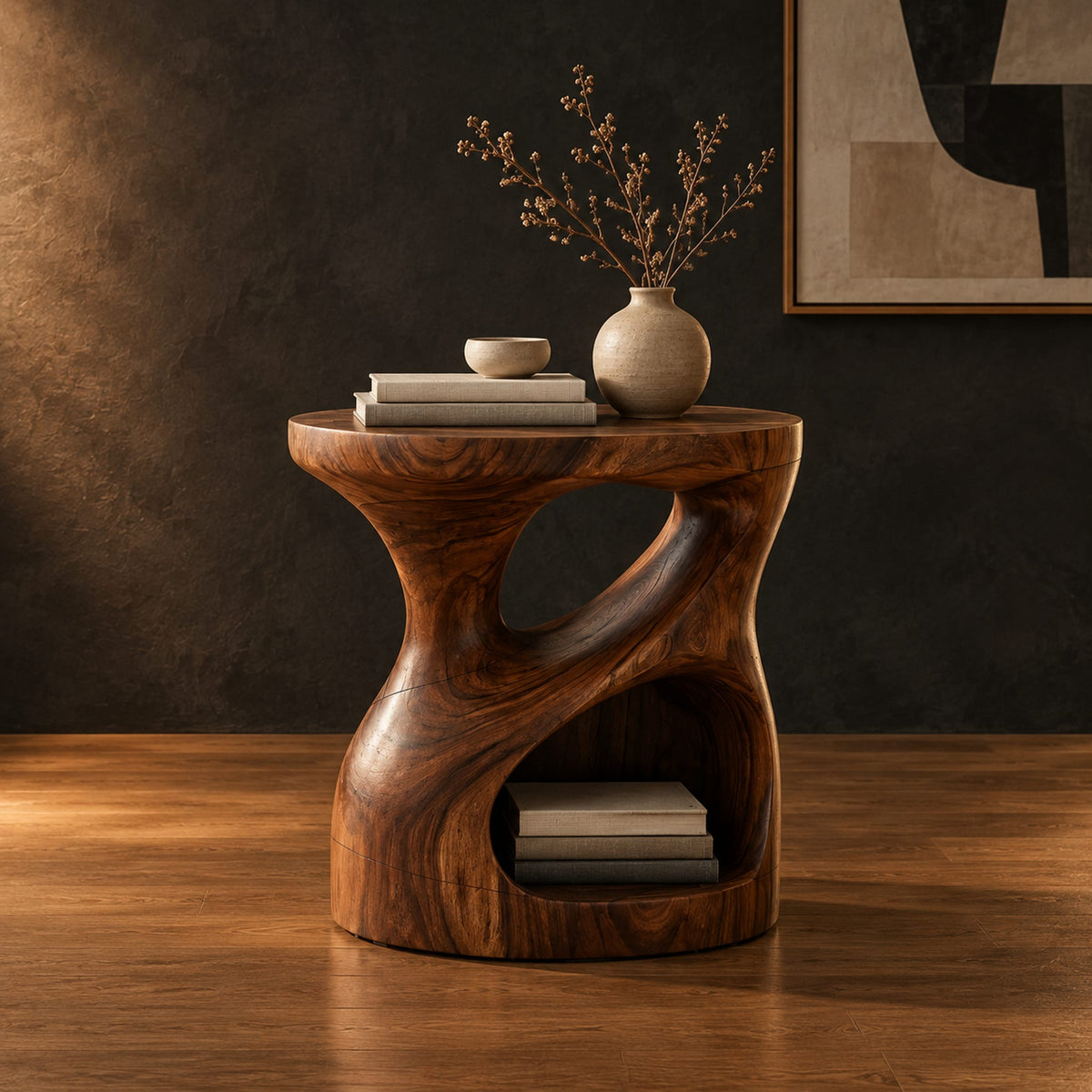 Carved pedestal side table with a twisting opening and a low open nook in a dark studio against a charcoal plaster wall