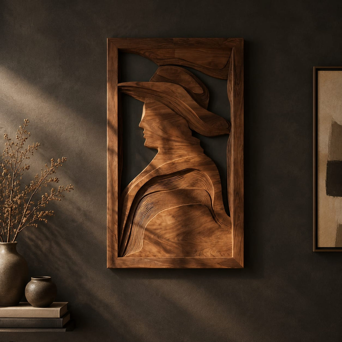 Carved wall art of a profile in a wide brim hat on a dark charcoal plaster wall