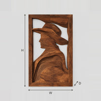 Carved Profile Wall Art of a Figure in a Wide Brim Hat dimension diagram with width and height