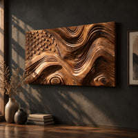 Rectangular relief wall art with carved stars and rippling wave stripes, three-quarter view showing the carved depth