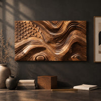 Detail of rectangular relief wall art with carved stars and rippling wave stripes beside wood, brass and linen samples