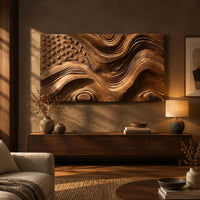 Rectangular relief wall art with carved stars and rippling wave stripes above a low console in an evening living room