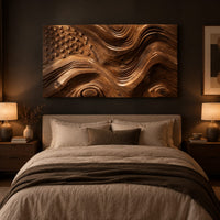 Rectangular relief wall art with carved stars and rippling wave stripes above a bed in a dusk lit bedroom