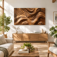 Rectangular relief wall art with carved stars and rippling wave stripes in a bright sunroom with green plants