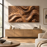 Rectangular relief wall art with carved stars and rippling wave stripes above a light oak sideboard in daylight
