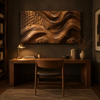 Rectangular relief wall art with carved stars and rippling wave stripes above a desk in a dark study corner