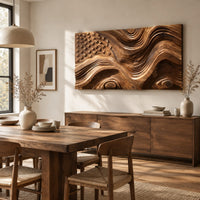 Rectangular relief wall art with carved stars and rippling wave stripes beside a dining table in natural light