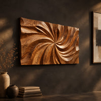 Landscape wood wall art panel with a carved swirl relief on a dark charcoal plaster wall